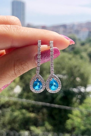 Niki Aksesuar Diamond Model Turkuaz Damla Taşlı Küpe Turkuaz
