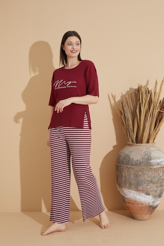 Lukitus Kısa Kollu İnce Triko Desenli Kadın Pijama Takımı Bordo