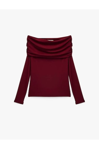 Koton Slim Fit Drapeli Omzu Açık Bordo Kadın Uzun Kollu T-shirt 6wak80032ek Bordo