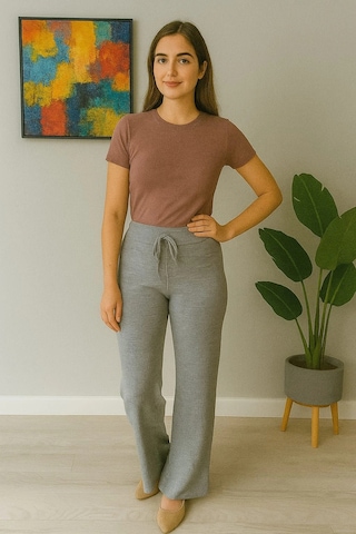 Kadın Yüksek Bel Triko Pantolon Gri