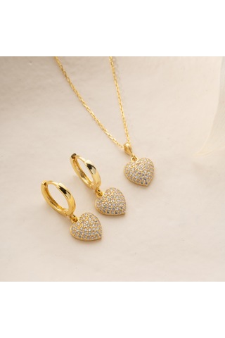 Vaoov 925 Ayar Gümüş 2li Taşlı Kalp Set Gold