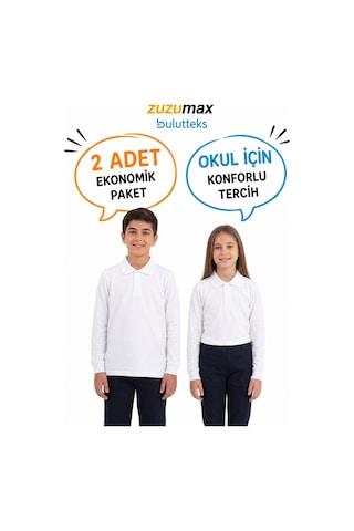 Bulutteks Okullu 2adet Polo Yaka Beyaz Uzunkol Okul Tişört Kıyafetleri Üniforması Çocuk Genç