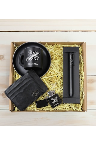 Bk Gift Kişiye Özel İsimli Baba Temalı Siyah Türk Kahvesi Fincanı&metal Kalem&çakmak&kartlık Cüzdan Hediye Seti, Sevgiliye Hediye-6, Babaya Hediye, Ba