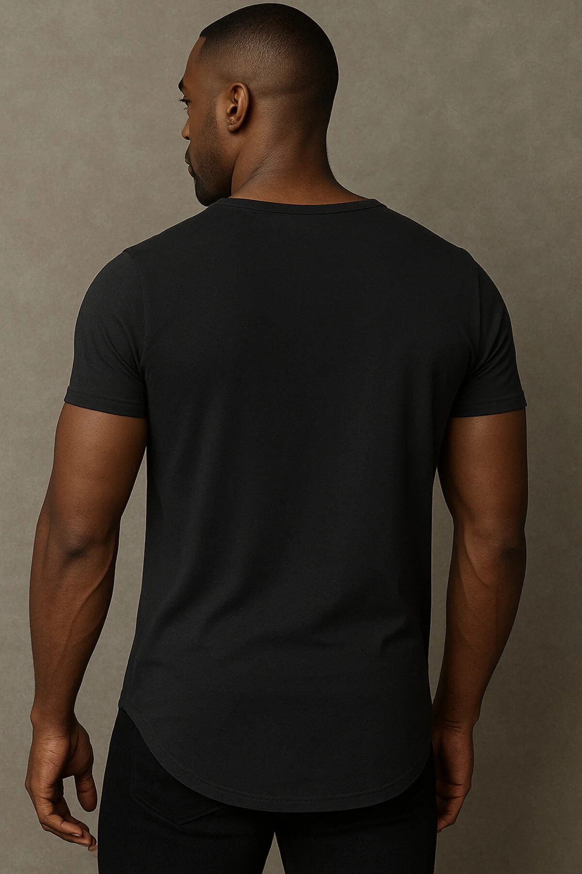 Premium Kalite Erkek Siyah Geniş Yaka Tam Likralı Alt Oval Slim Kesim Tişört T-shirt Siyah