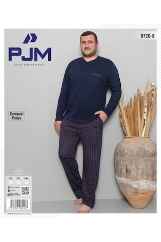 Pijamoni Erkek Battal Düğme Yaka Penye Uzun Kol Pijama Takımı 6720/8 - 1 Adet Lacivert