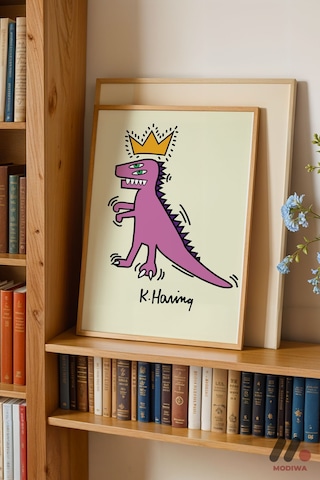 Taçlı Dinozor Pop Art, Ahşap Çerçeveli Duvar Tablosu - Renkli Ev Dekorasyonu