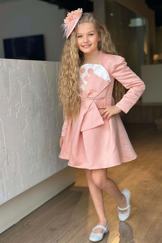 Riccotarz Kız Çocuk Kare Yaka Göğsü Pano Çiçek Asimetrik Kesim Pembe Elbise Pembe