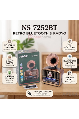 Nns Ns-7252bt Nostaljik Gramofon Radyo Bluetooth Hoparlör Şarj Edilebilir 1200mah Taşınabilir Müzik Çalar Kahverengi