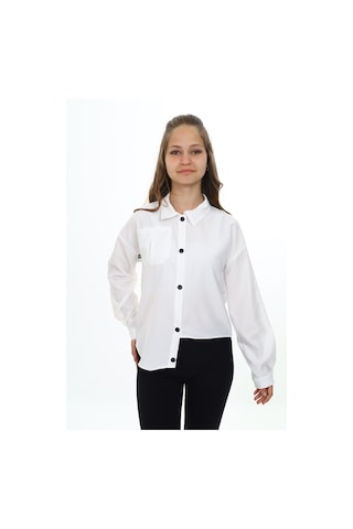 Toontoy Kız Çocuk Regular Fit Asimetrik Kalıp Düşük Omuz Uzun Kollu Basic Poplin Gömlek - Tek Cepli Beyaz