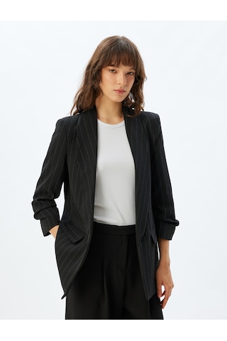 Koton Şal Yaka Blazer Ceket 3/4 Kol Kapaklı Cep Detaylı Krep Kumaş Siyah Çizgili 5wak50058uw Siyah