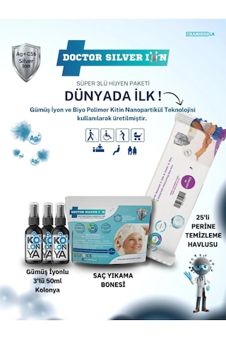 Doctor Silver Ion Gümüş İyonlu Kolonya 3 x 50 ML + Saç Yıkama Bonesi + Perine Islak Mendili 25'li Doctor Silver Ion Gümüş İyonlu Kolonya 3 x 50 ML + Saç Yıkama Bonesi + Perine Islak Mendili 25'li