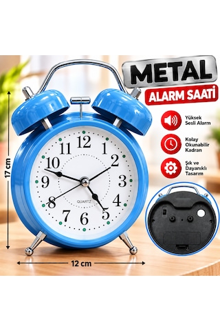 Metal Çalar Saat 12x17 Cm Yüksek Sesli Alarm, Şık Ve Dayanıklı Tasarım Mavi