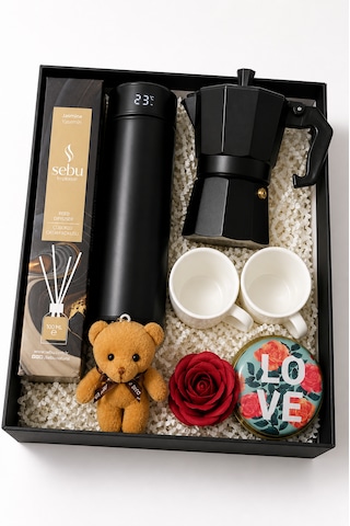 Sevgiliye Hediye Kahve Seti - Moka Pot 3 Fincan + Dijital Termos 500 Ml + Sebu Oda Kokusu + Kokulu Mum
