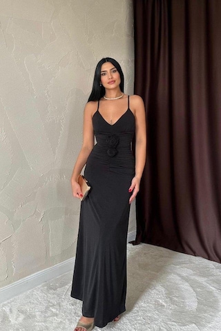 Valensdesign Siyah Büzgülü Uzun Güllü Elbise Siyah
