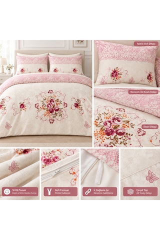 Çiçekli Ve Dantel Desenli Tek Kişilik Nevresim Takımı - Fermuarlı Krem & Pembe Çok Renkli