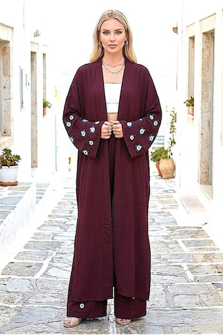 Veraura Lifestyle Bordo Mavi Boncuk Kimono Pantolon Takım