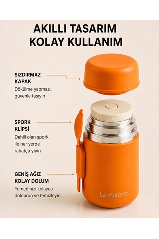 500 Ml Yemek Termosu, 304 Çelik, Sporklu Ve Geniş Ağızlı Krem