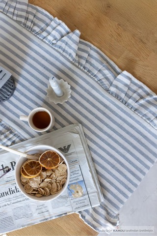 Gri Çizgili 40x125 Cm Vintage Fırfırlı %100 Keten Pamuklu Amerikan Runner Bej