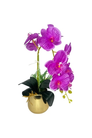 Yapay Çiçek Fuşya Islak Orkide Gold Metal Saksıda Seramik Saksıda Orkide 60cm