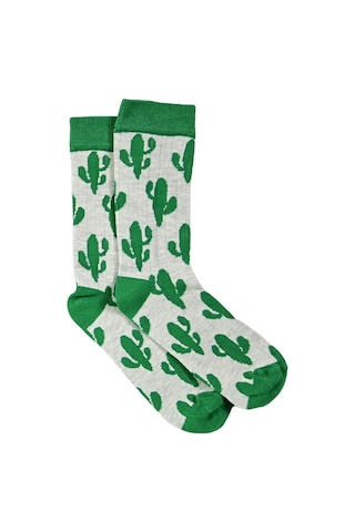 Kadın Yeşil-gri Kaktüs Desenli Soket Çorap Yeşil