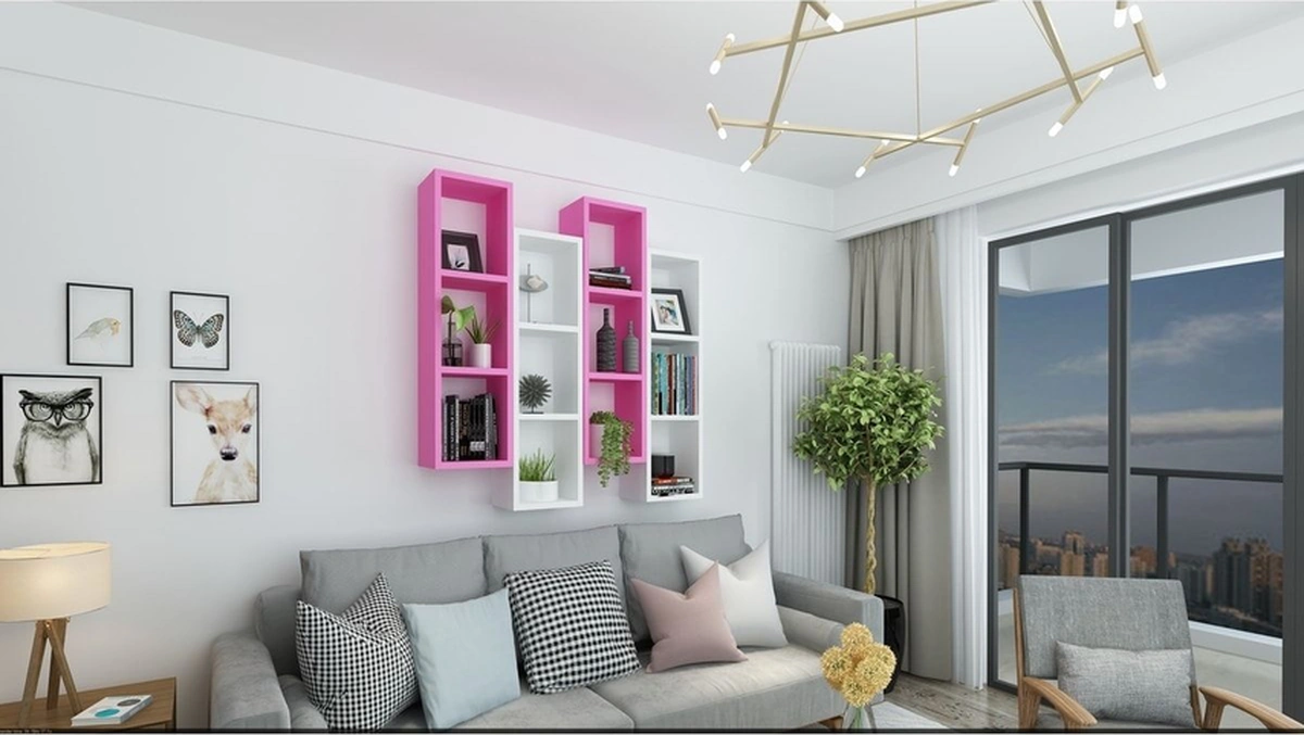 Kitaplık Modern Ev Duvar Rafı Pembe Beyaz 4 Lü Takım Pembe-beyaz