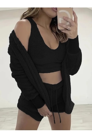 Modaserdem Kadın Uzun Kollu Ceket, Askılı Peluş Bluz Ve Şort Üçlü Takım Siyah