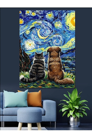 Van Gogh Yıldızlı Gece Soyut Kedi Ve Köpek Dekoratif Kanvas - Mdf Ahşap Tablo