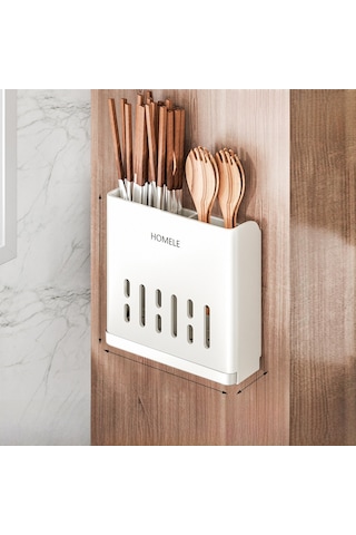 Yifomall Duvar Tipi Mutfak Çubuk/kaşık/çatal Saklama Kutusu - Su Çıkarma Özelliği - Delik Açmadan Monte Edilebilir Beyaz Çift Kap Diğer