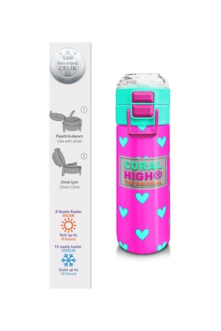 Coral High Kids Neon Pembe Su Yeşili Kalp Desenli Pipetli Ve Direkt İçim Çelik Termos 500 Ml 31906 Pembe - Açık Yeşil