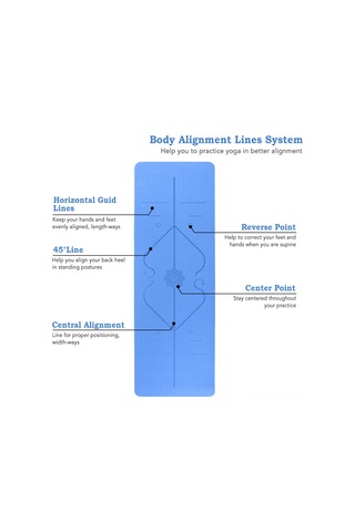Ranyeek Tomshoo Mavi Tpe Yoga Matı 183x61x0.6cm - Vücut Hizalama Çizgileri, İki Yönlü Kaymazsız, Taşınabilir Set Çantası Ve Kayış İle Mavi