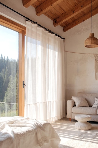 Fırfırlı Keten Tül Perde Tek Kanat Vintage Ekru