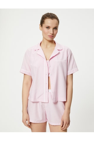 Koton Gömlek Yaka Pijama Üstü Kısa Kollu Cepli Düğmeli Pınk Strıpe 4slk50051mw Pembe