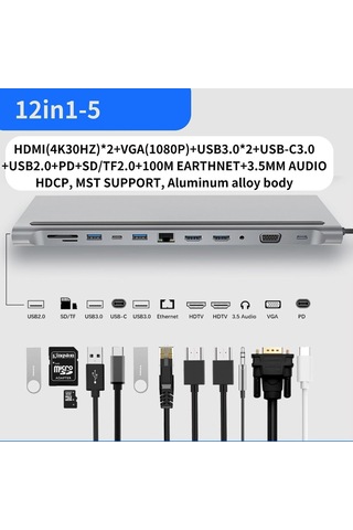 Lunatic 7011 Usb C Hub Multiport Adapter, 12 İn 1 Docking Station Usb C With 4k Hdmı, Vga, 3 Usb 2.0 & Usb 3.0, Pd 100w, Ethernet Rj45 Port, Sd/tf Reader, 3.5mm Aux For Macbook Pro/air And Other Type C Laptops