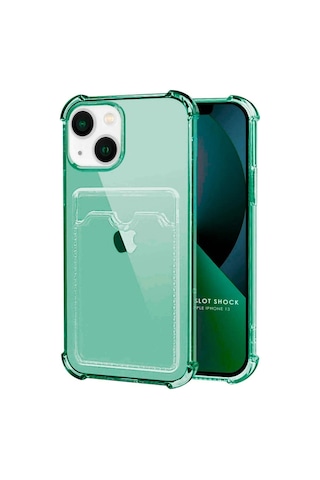 Apple Uyumlu iPhone 13 Kılıf Darbe Emici Köşe Korumalı Kartlıklı Cüzdanlı Silikon Kapak Yeşil
