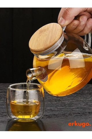 Vakumlu Bambu - Metal Kapaklı Isıya Dayanıklı Borosilikat Cam Demlik, Süzgeçli 1000 Ml Teapot Cam
