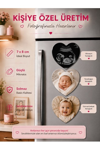 3'lü Kalp Fotoğraf Magneti Bebeğin İlk Anıları Kişiselleştirilebilir Anne Babaya Özel Hediye 61540741