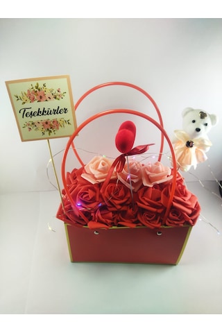 Işıklı Gül Aranjmanı Teşekkürler Yazılı Çanta Tasarım Ayıcıklı Hediye Led Işıklı Dekoratif Çiçek Aranjmanı Kırmızı - pembe
