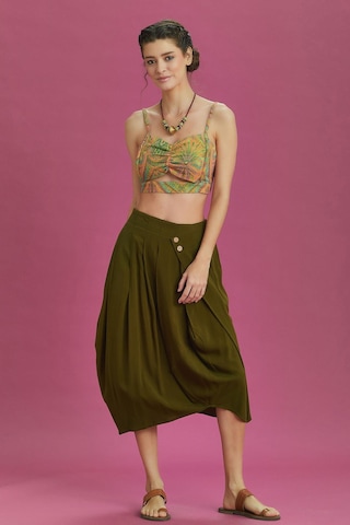 Rahat Kesim Geniş Pileli Haki Anvelop Midi Etek Haki