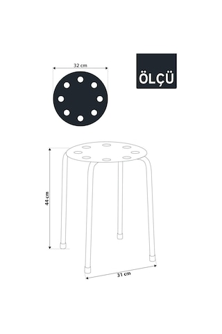 Metal Ayaklı Plastik Tabure 44 Cm - Minimalist Yuvarlak Mutfak Ve Balkon Taburesi, Üst Üste İstiflenebilir Ergonomik Delikli Ev Taburesi, Gri/antrasit Çok Renkli