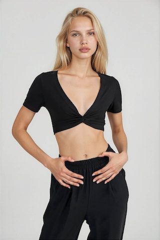 Vitrin Dekolteli Büzgülü Crop Bluz Siyah