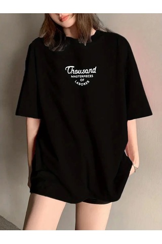 Sidelya Concept Thousand Baskılı Oversize Bisiklet Yaka T-shirt - Siyah Siyah