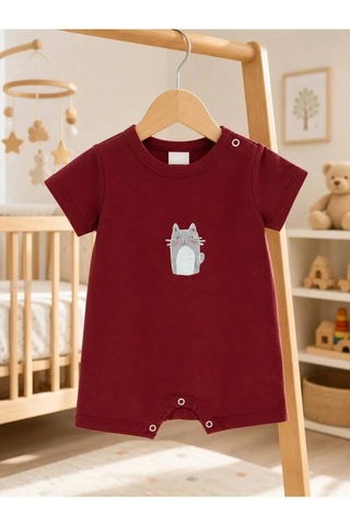 Ferasty İstanbul Unisex Bebek Tulum Kedi Desenli Kırmızı