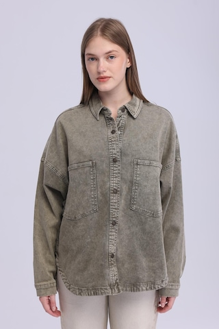 Selectmoda Kadın Çift Cepli Çıtçıt Kapamalı Oversize Kot Gömlek haki