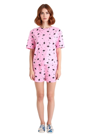 Ersefa Kadın Uzay Temalı Pijama Takımı Bisiklet Yaka Kısa Kollu Fonksiyo Pembe