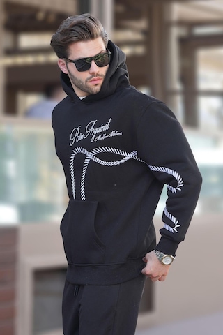 Madmext Siyah Baskılı Kapşonlu Cep Detaylı Erkek Sweatshirt 7067 Siyah