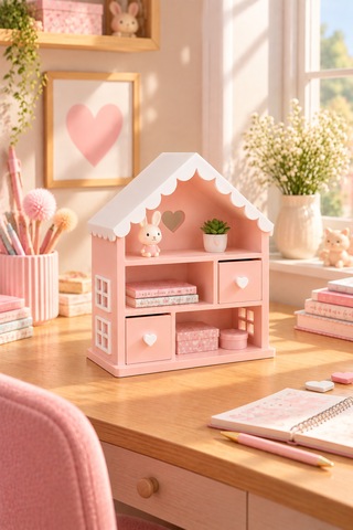Bebek Evi, Çekmeceli Dekoratif Organizer Large Çocuk Odası Dekorasyonu Pudra Pembe