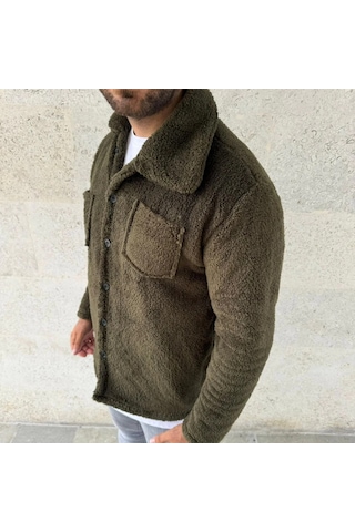 Erkek Pelüş Polar Hırka Gömlek Yakalı, İlik Düğmeli, Göğüs Cepli, Yumuşak Dokulu Kışlık Regular Fi Haki
