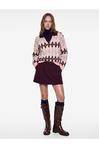 Koton Regular Fit Polo Yaka Uzun Kollu Triko Baklava Desenli Kazak Bordo Desenli 7wal90118ht