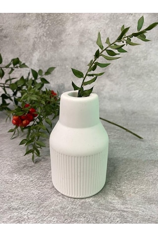 İskandinav Konik Çizgili Pampas Beyaz Beton Vazo 9.5 X 6 Cm