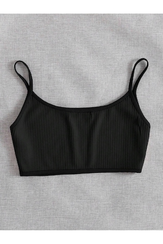Liona Bisiklet Yaka Askılı Siyah Renk Fitilli Crop Top Büstiyer Siyah